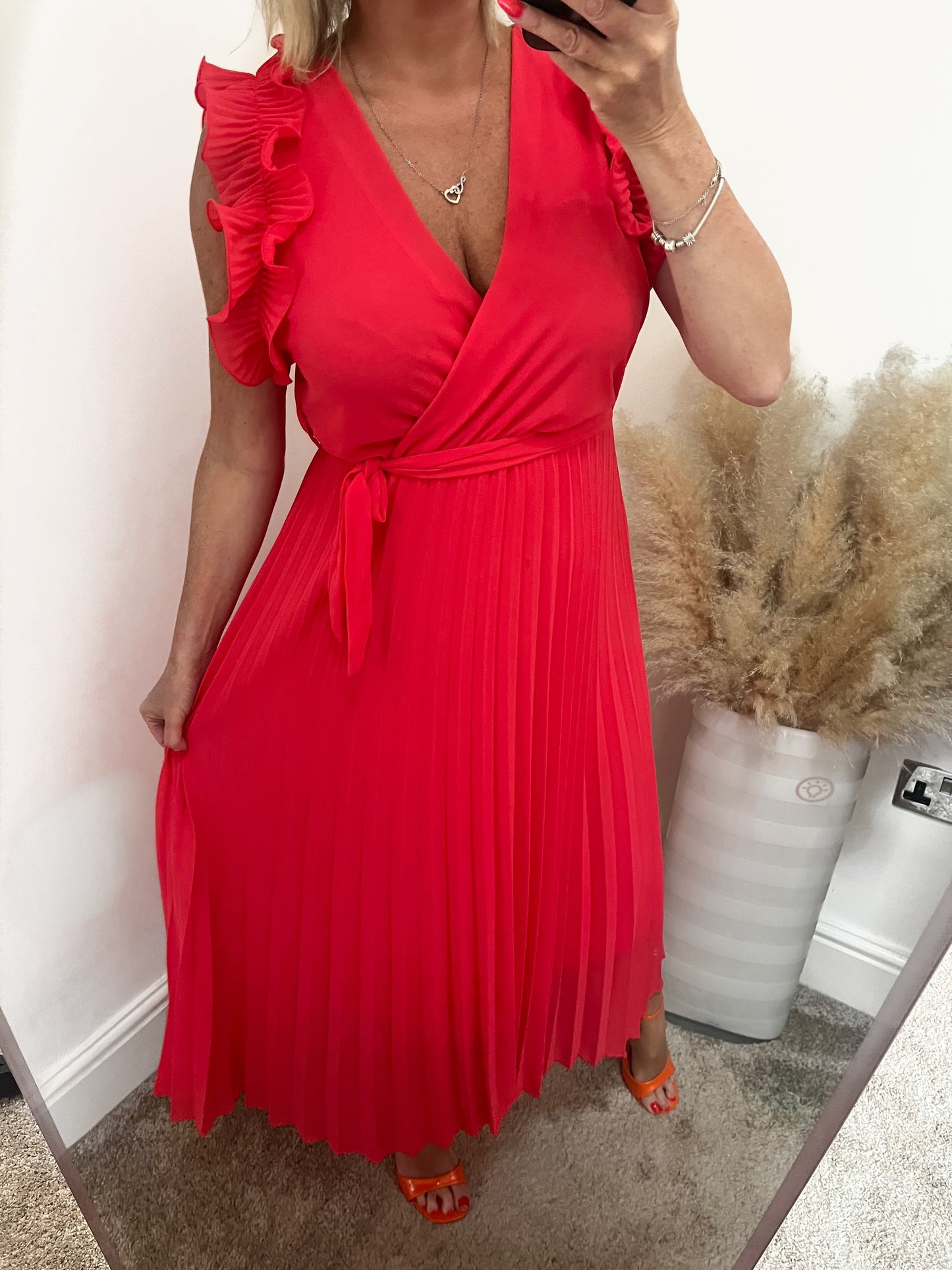 Raspberry Ruffle Sleeve, Pleated Dress