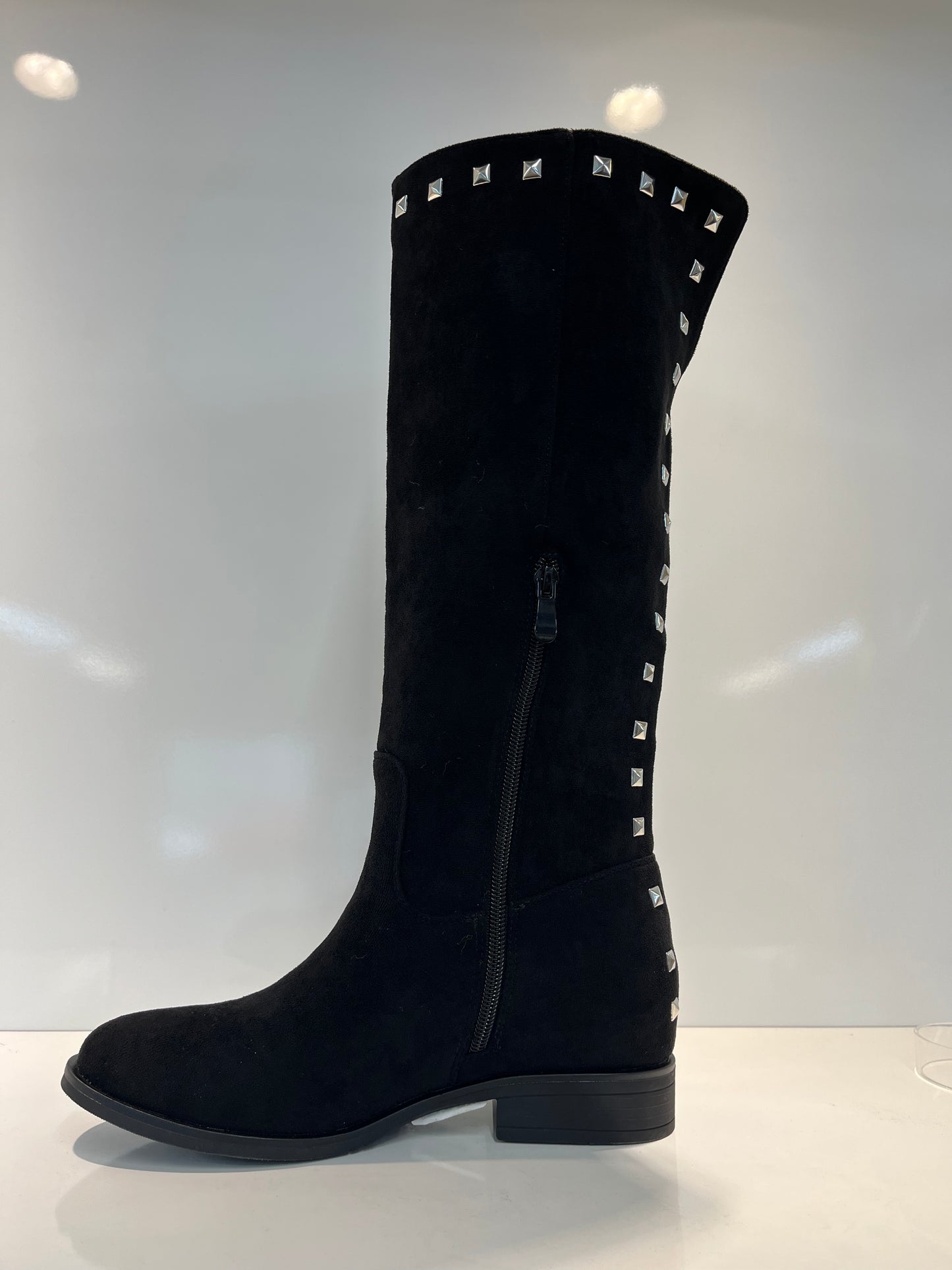 BLACK SILVER STUD KNEE HIGH BOOTS