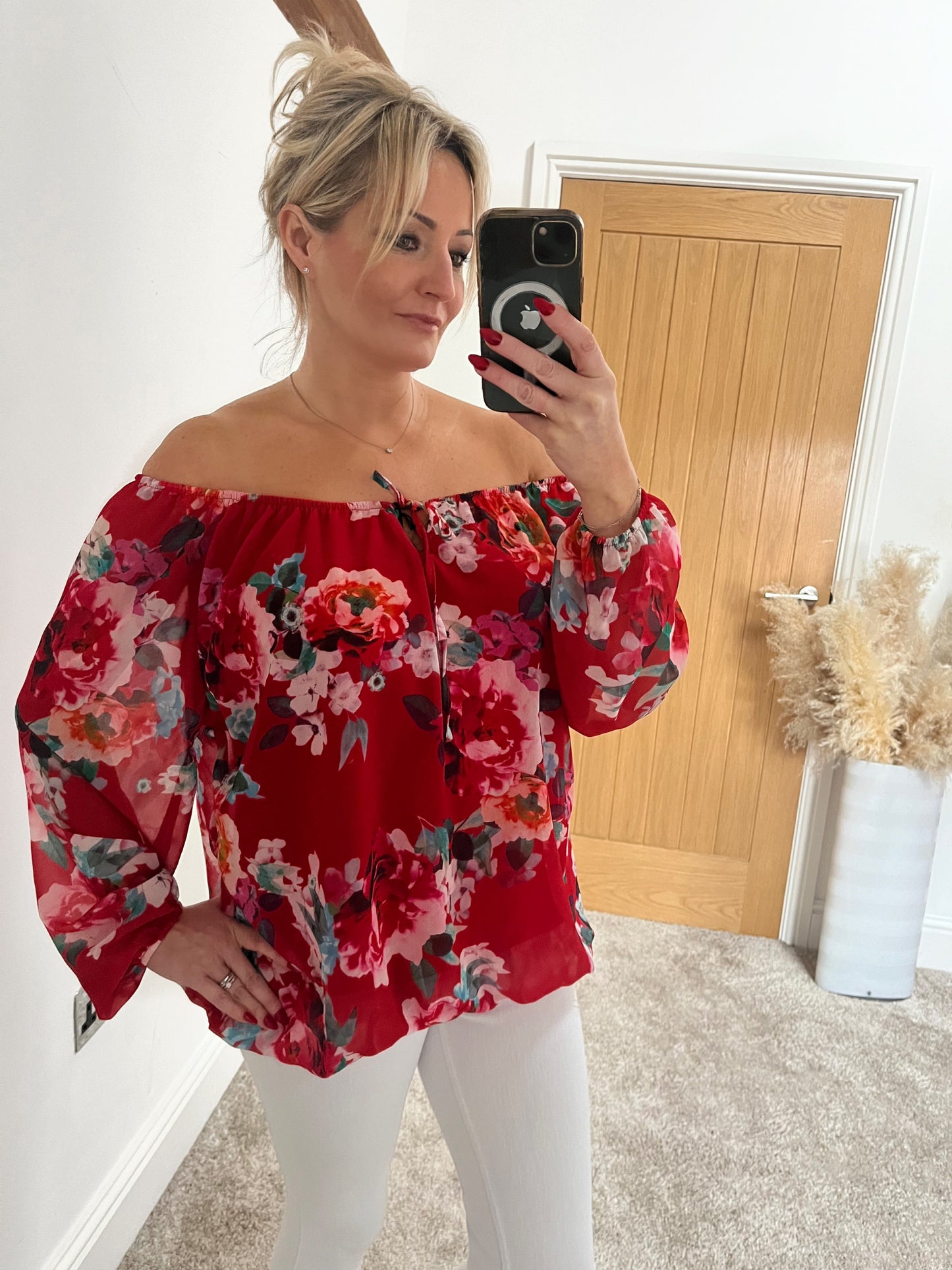 On/off the Shoulder Bardot Chiffon Blouse - Red