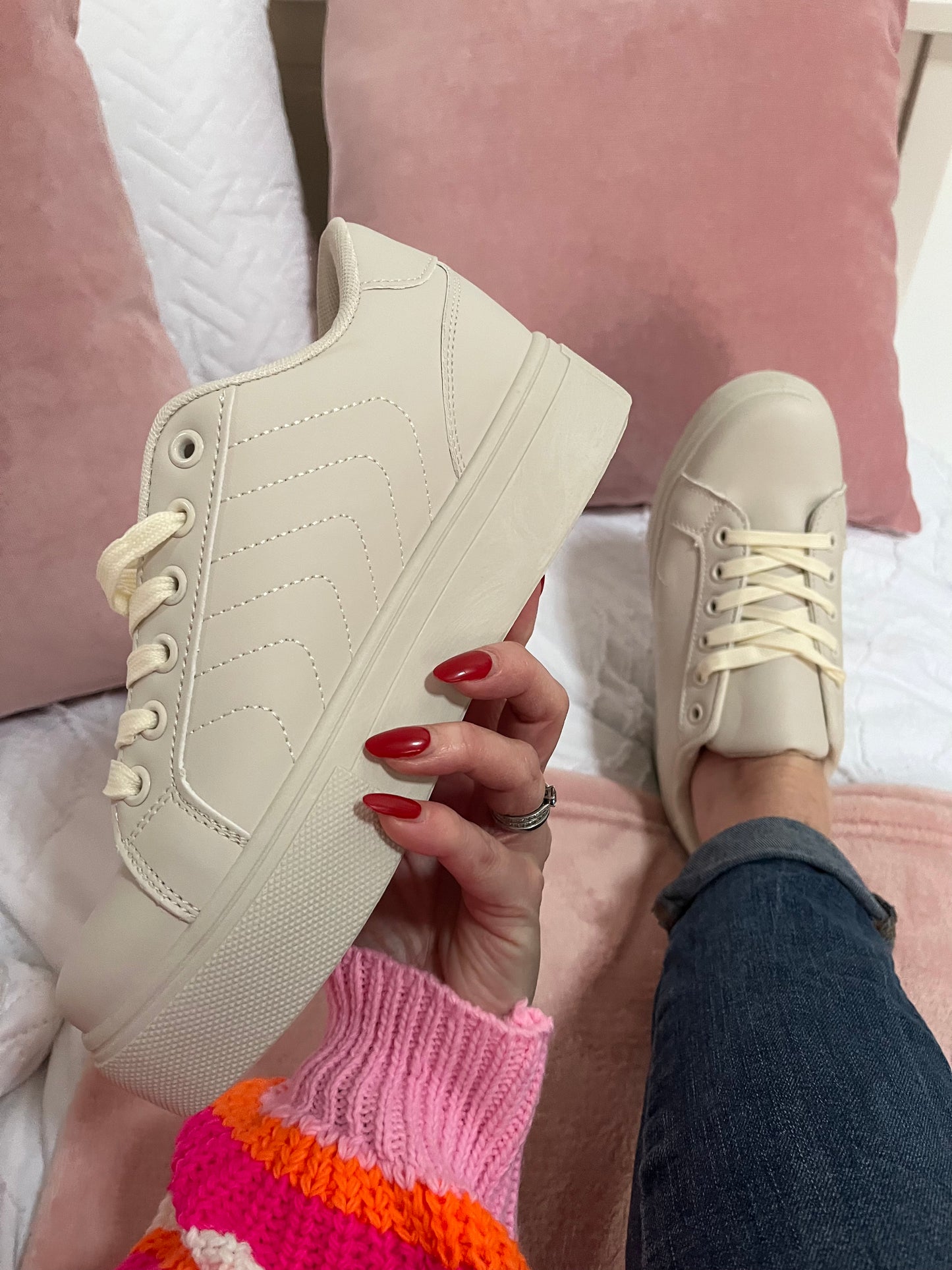 CREAM LACE UP TRAINERS