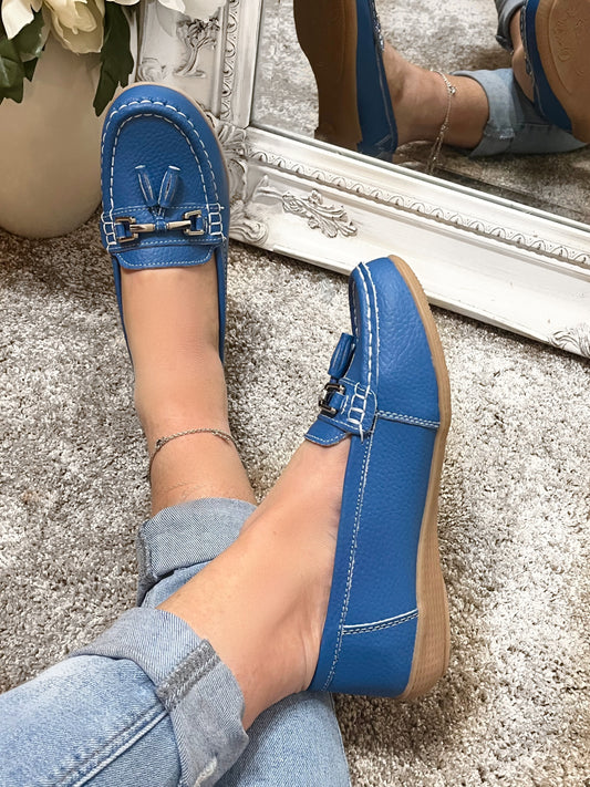 French Blue Leather Tassel Loafers