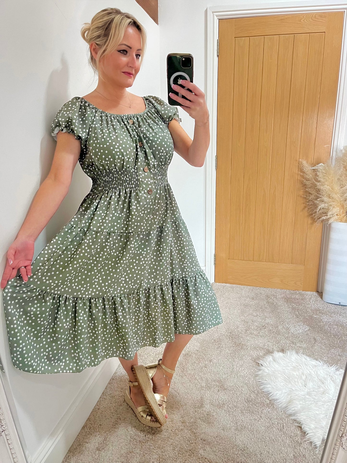 Shirred Waist Magic Dress - Polka Dot Sage Green