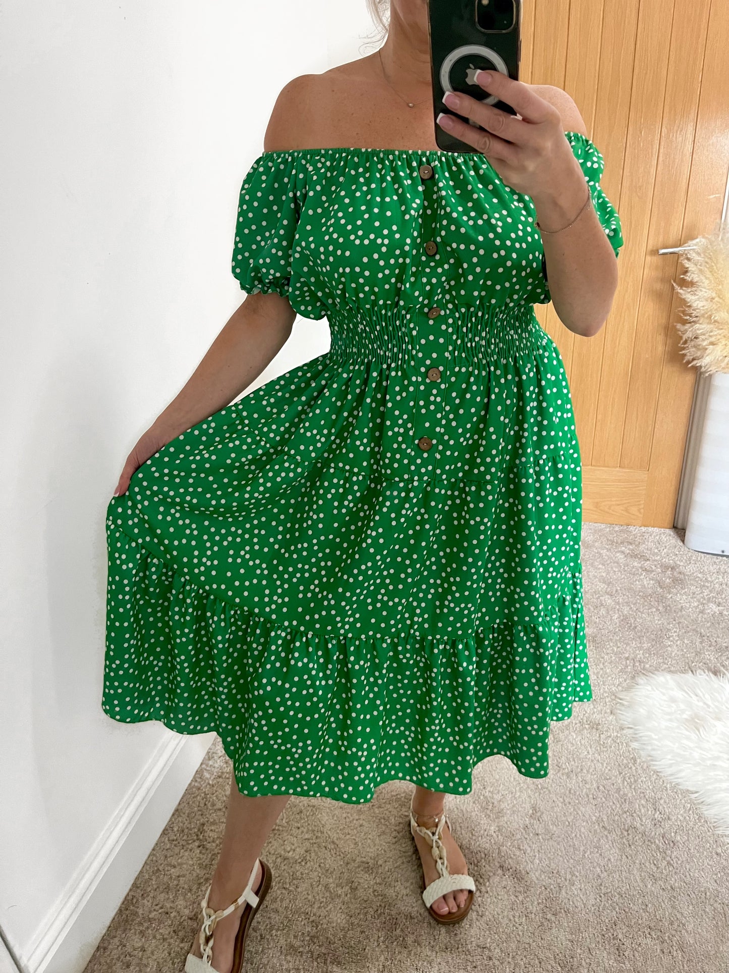 Magic Shirred Waist Dress - Polka Dot Emerald Green
