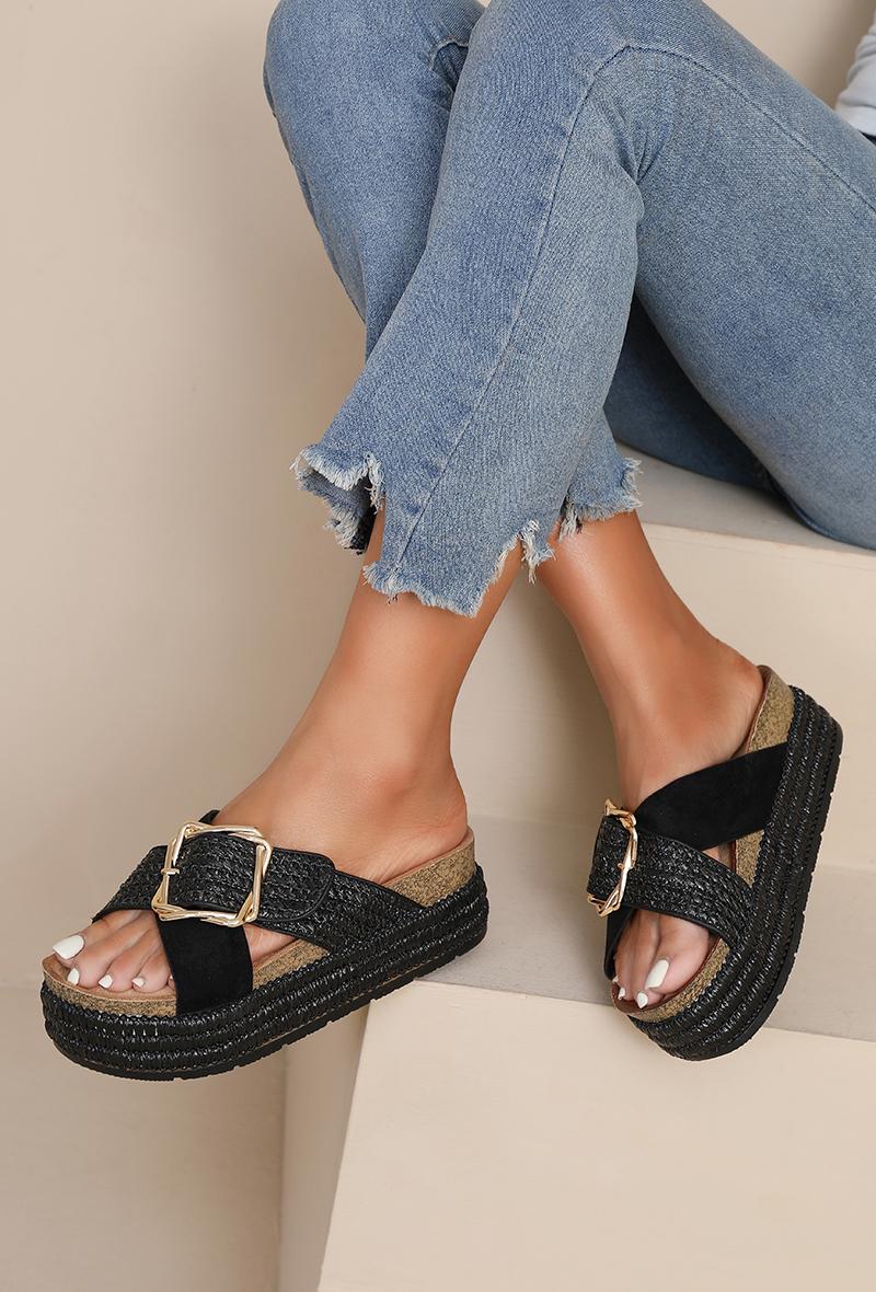 Flatform Chunky Buckle Sliders - Black