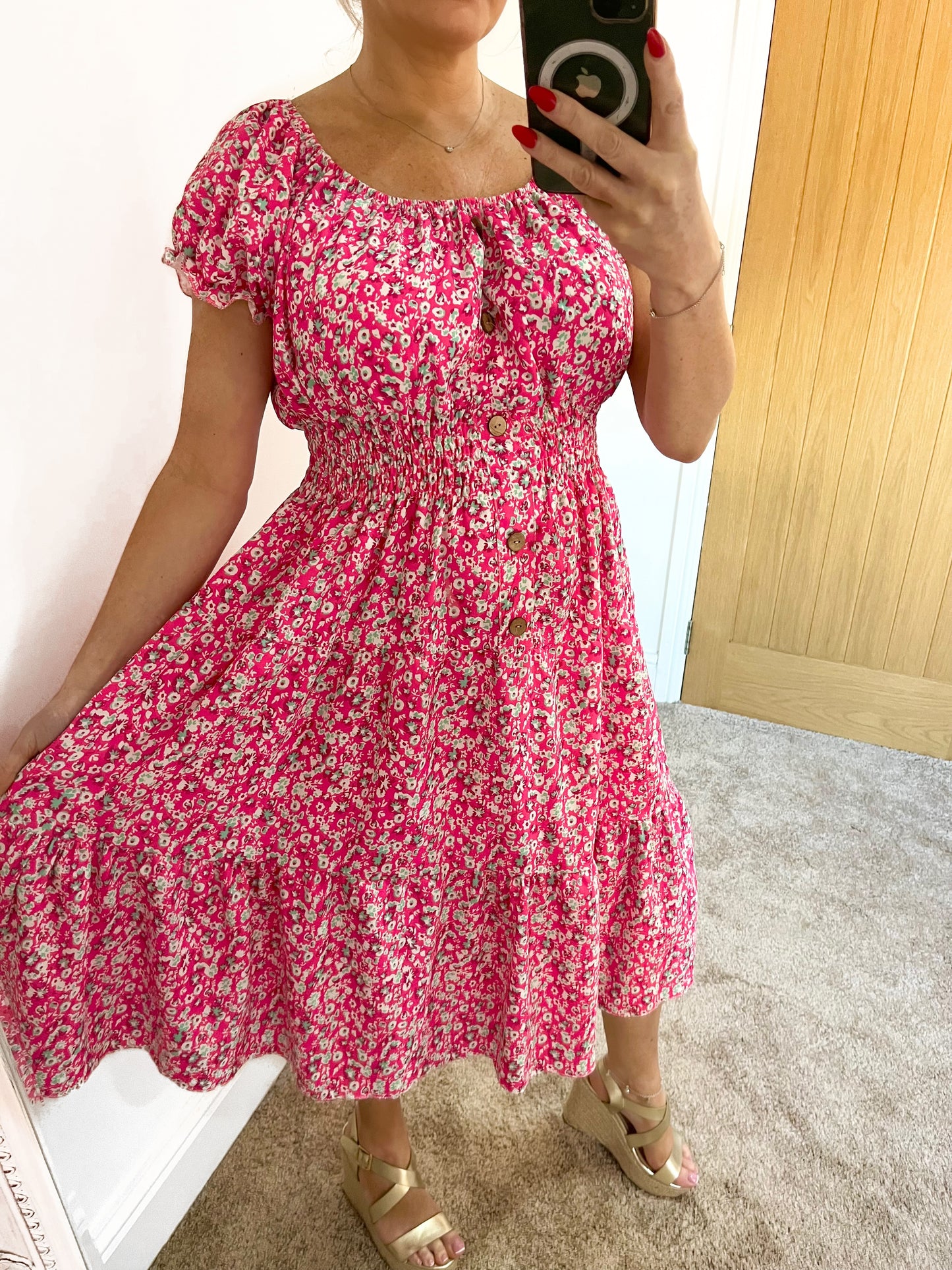 Ditsy Shirred Waist Magic Dress - Candy Pink