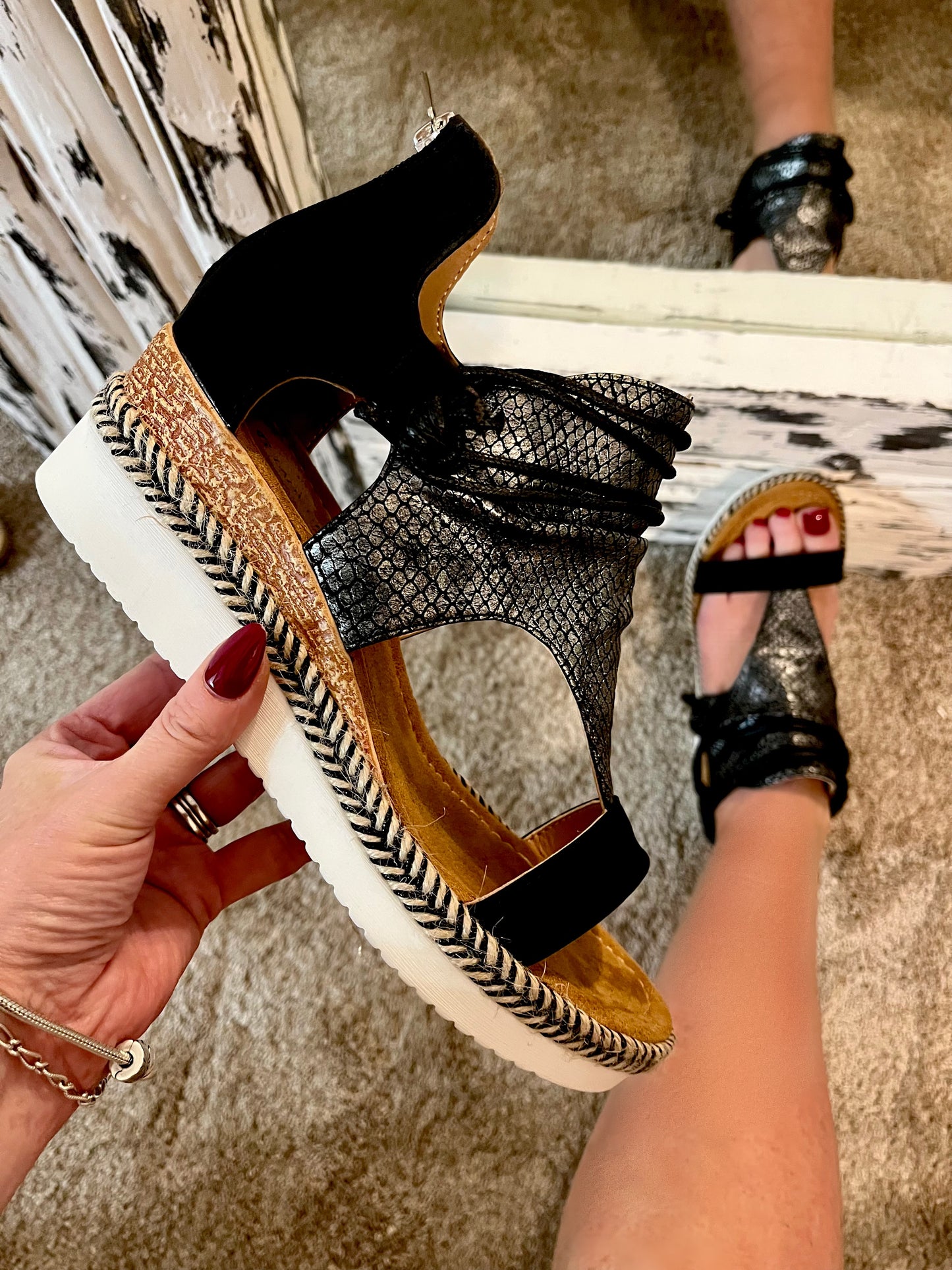 Tru Black Wedge Sandals