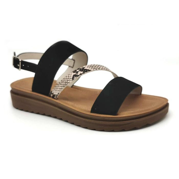 Wide Fit Sandals - Black with Leopard Strap