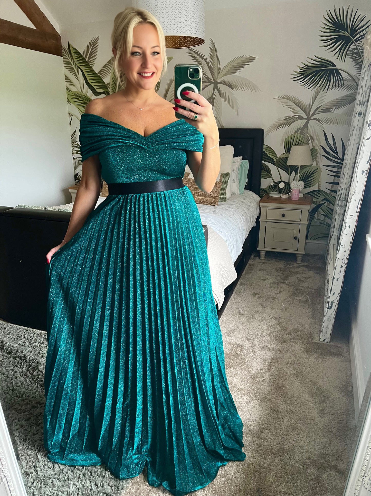 SUNRISE PLEATED BARDOT LUREX MAXI DRESS - EMERALD