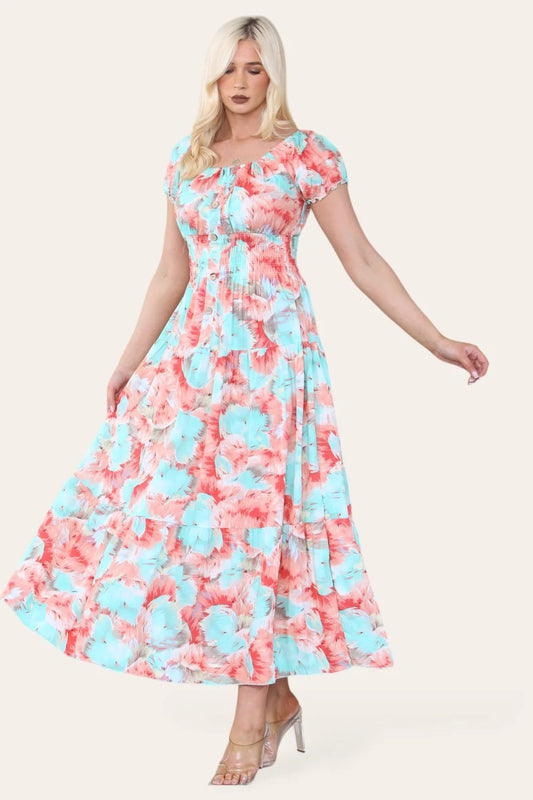 Shirred Waist Magic Dress - Maxi Aqua/Pink Floral