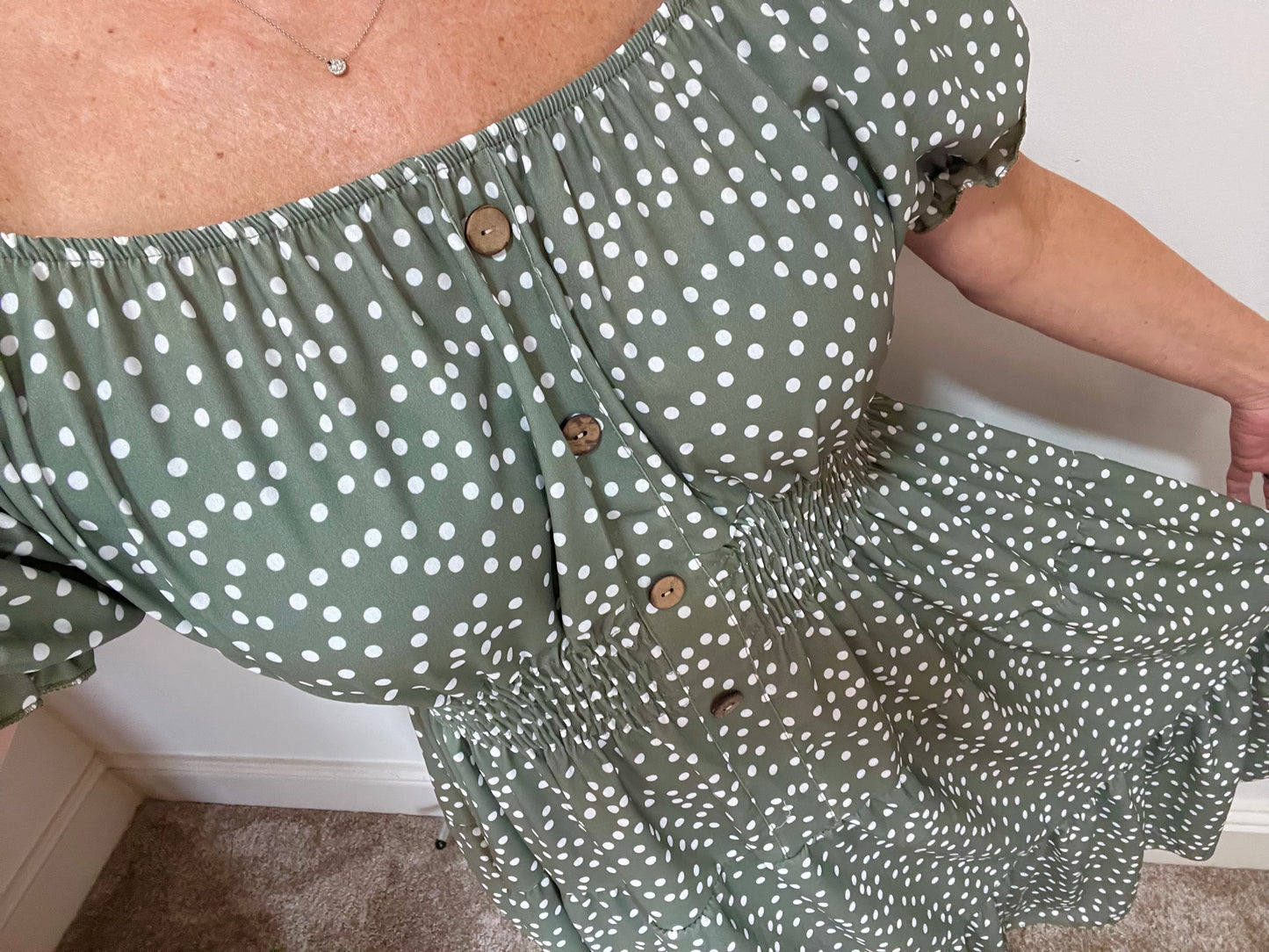 Shirred Waist Magic Dress - Polka Dot Sage Green