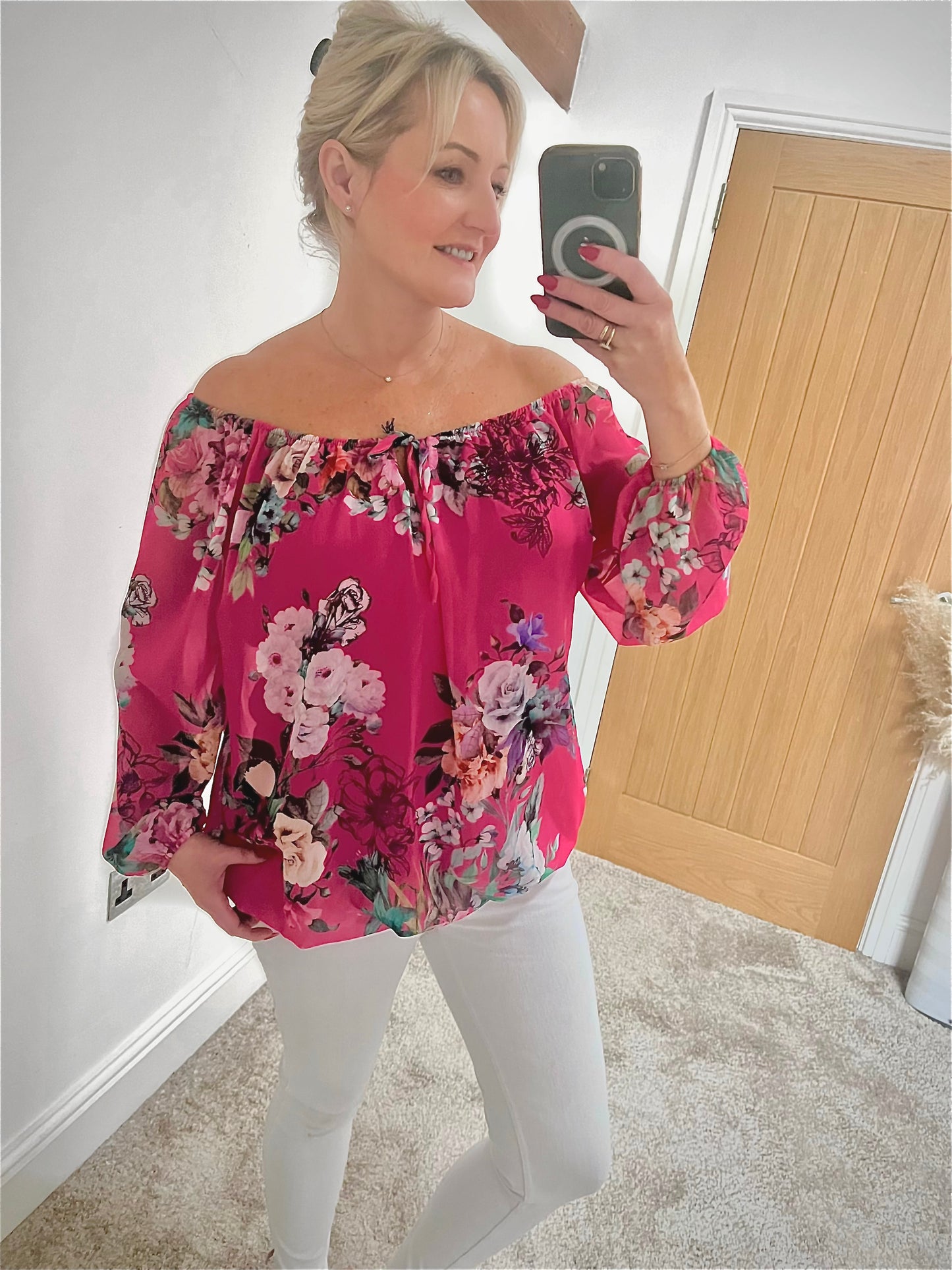 On/off the Shoulder Bardot Chiffon Blouse - Hot Pink Floral