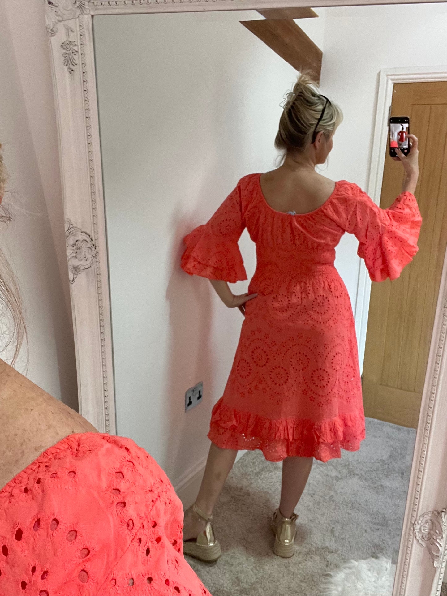 Broderie Anglaise Midi Dress - Coral
