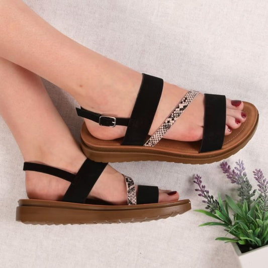 Wide Fit Sandals - Black with Leopard Strap