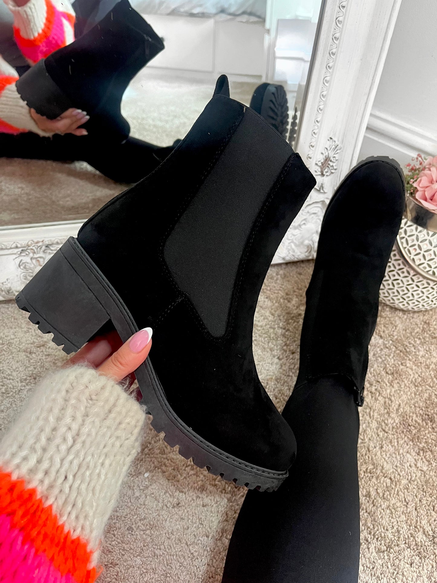 Black Suedette Lugg Boots