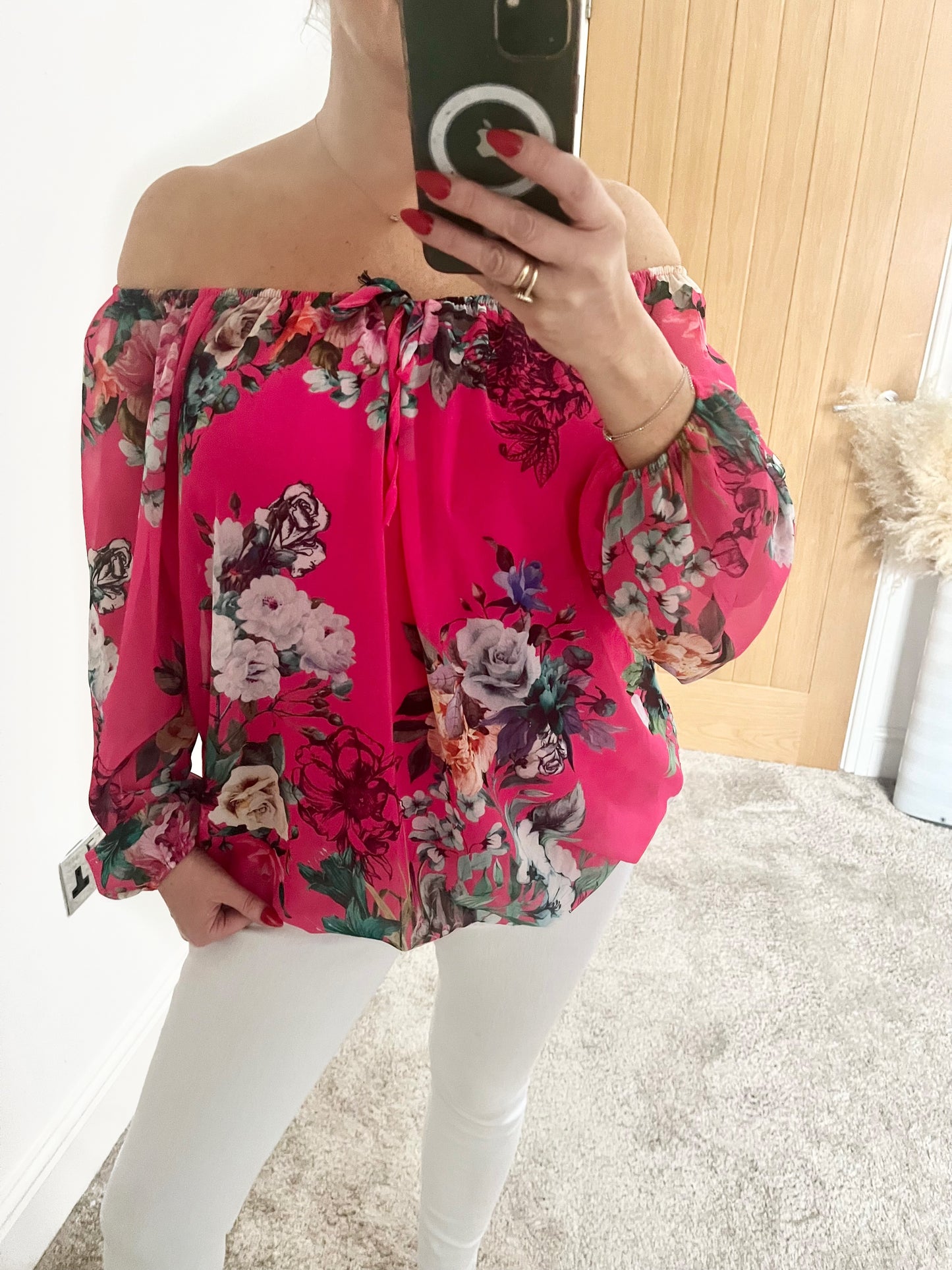 On/off the Shoulder Bardot Chiffon Blouse - Hot Pink Floral