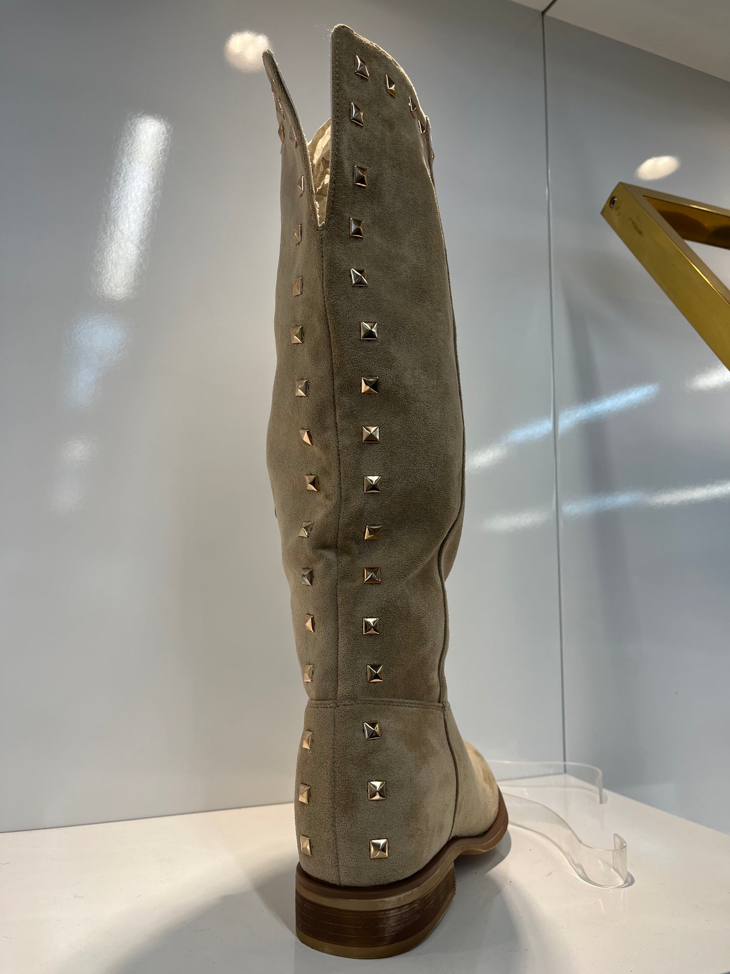 BEIGE GOLD STUD KNEE HIGH BOOTS