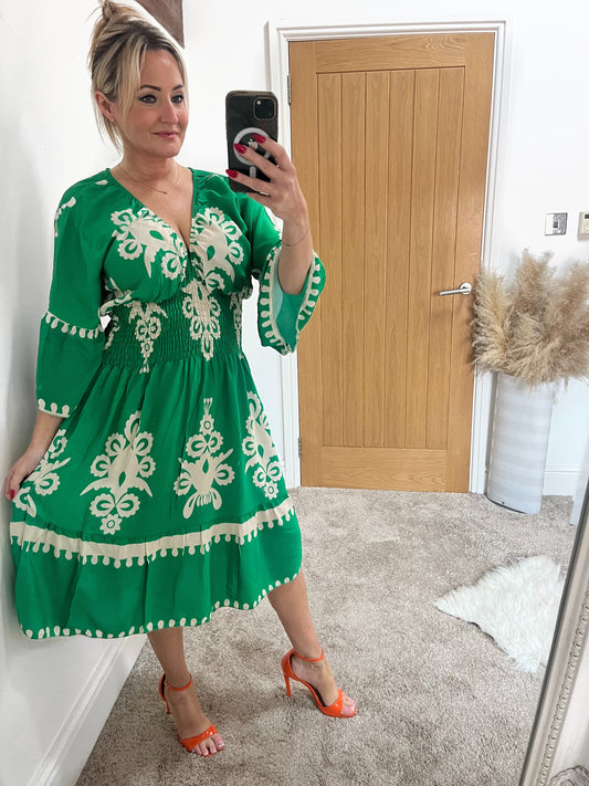 Emerald Green Tile Print Shirred Waist Dress