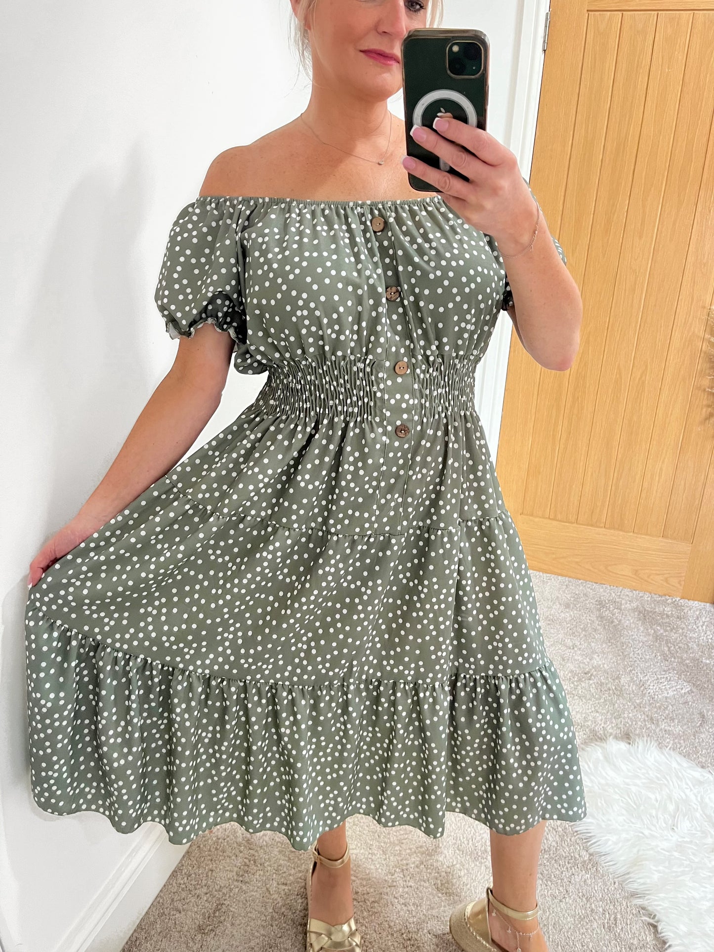 Shirred Waist Magic Dress - Polka Dot Sage Green