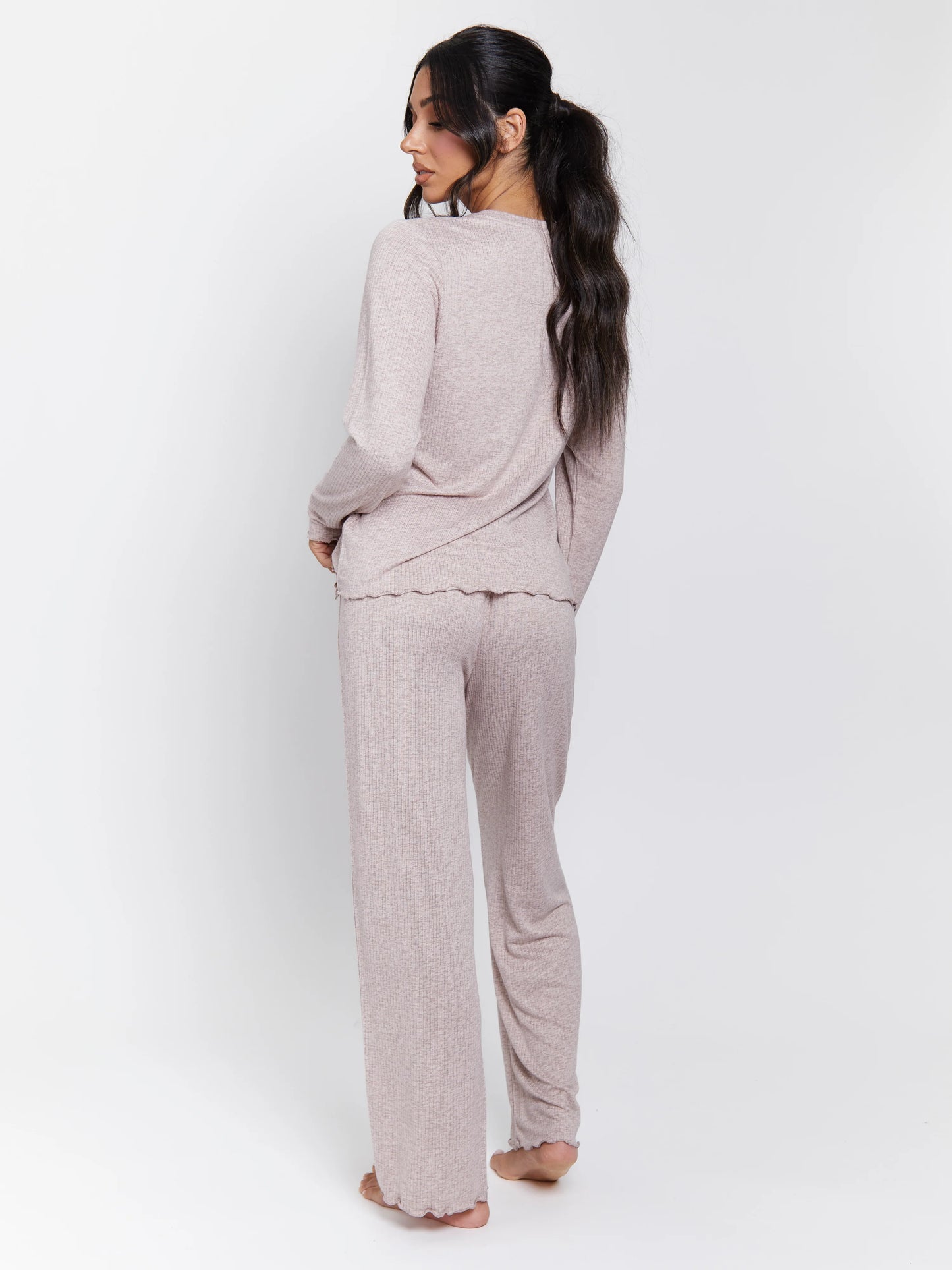 Taupe Marl Brushed Rib Long Sleeve Top And Trouser Set