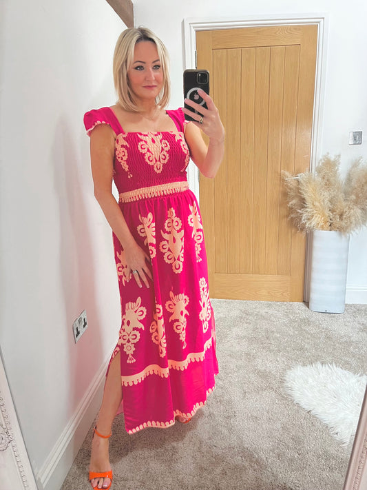 Hot Pink Shirred Waist Side Split Maxi Dress