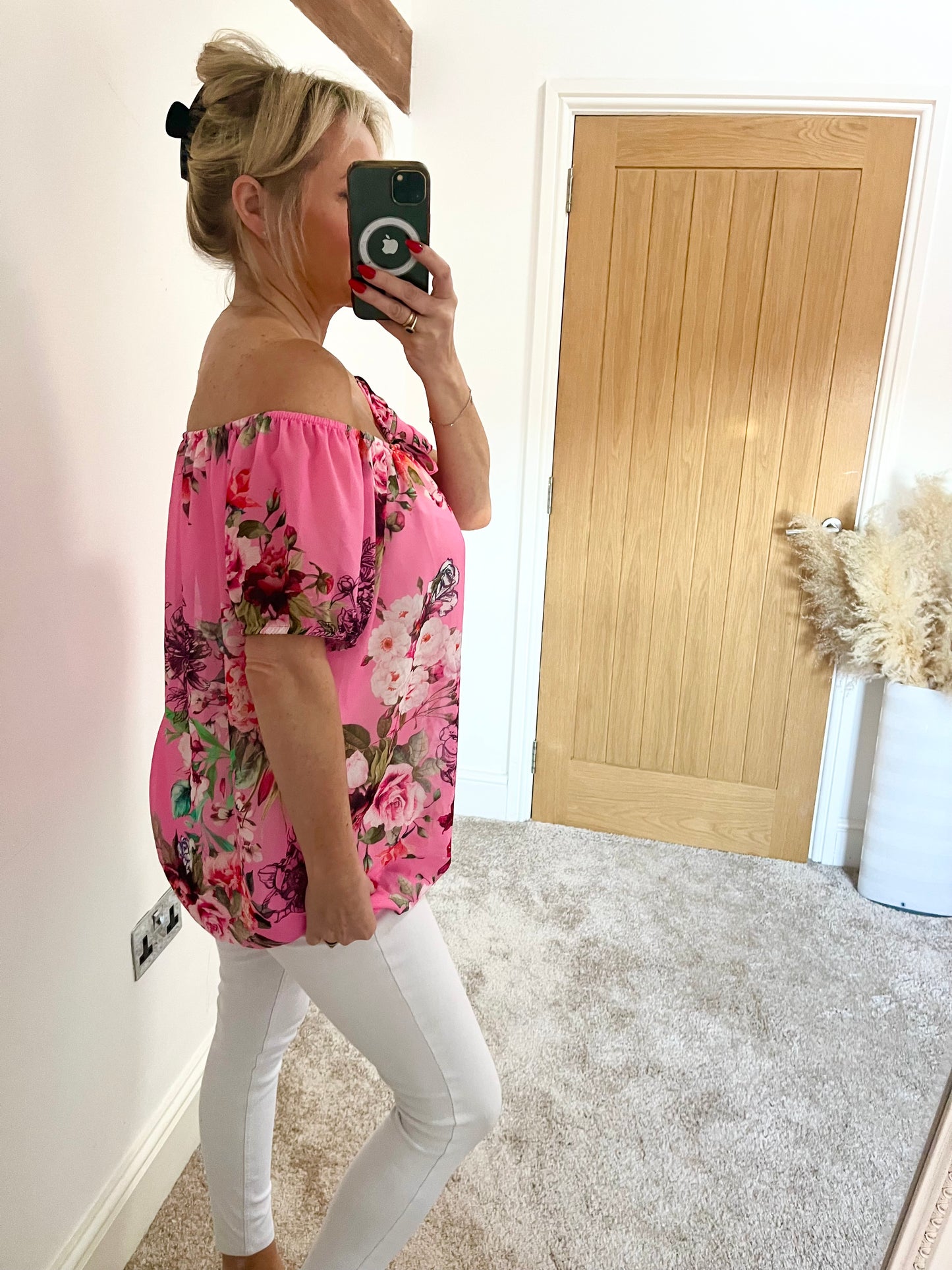 On/Off The Shoulder Chiffon Bardot Top - Candy Pink