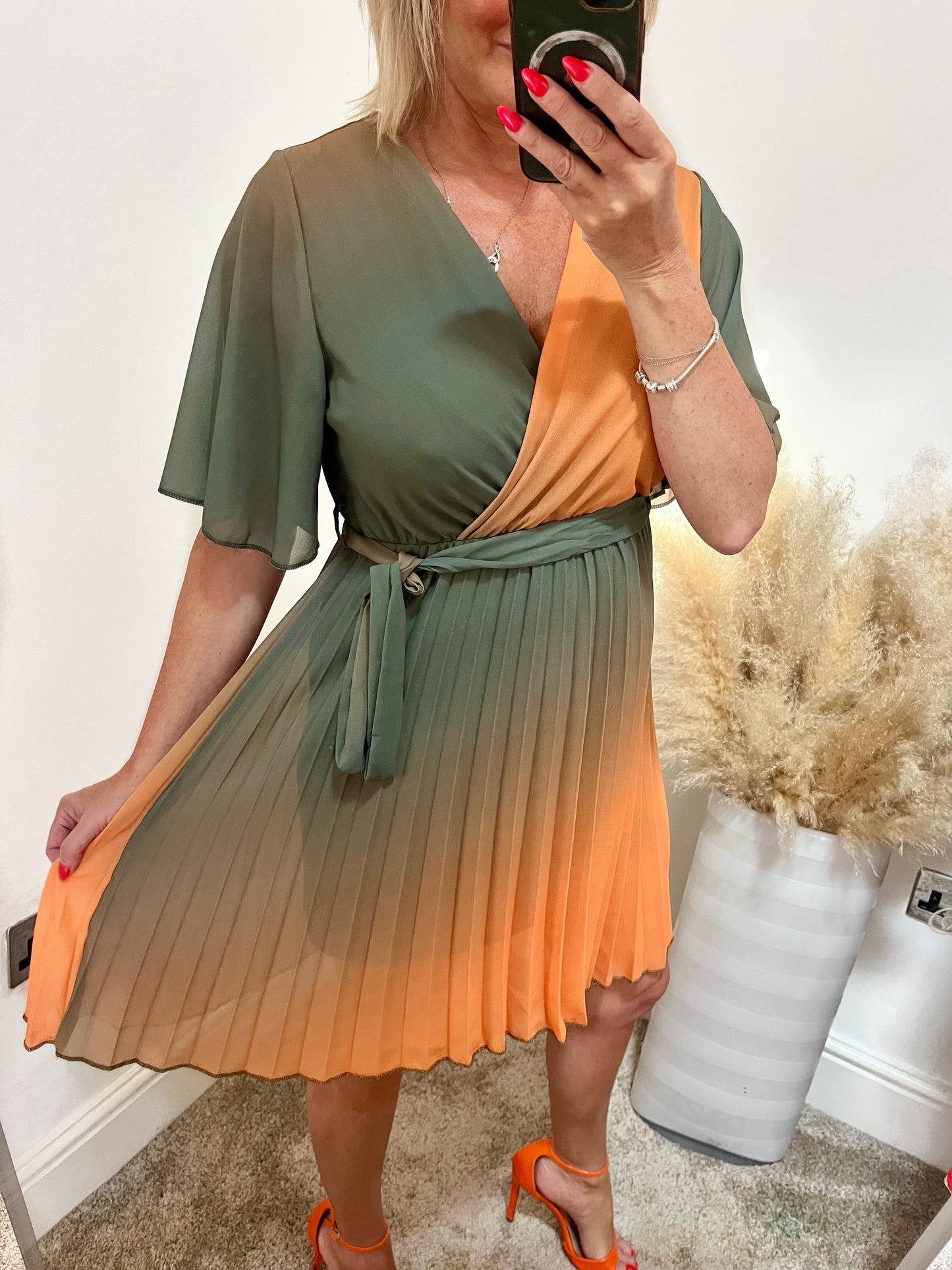 Sunset Ombré Pleated A Line Dress - Orange/Green
