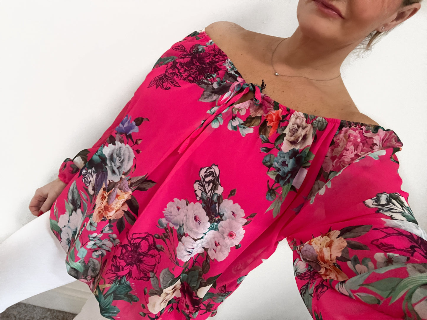 On/off the Shoulder Bardot Chiffon Blouse - Hot Pink Floral