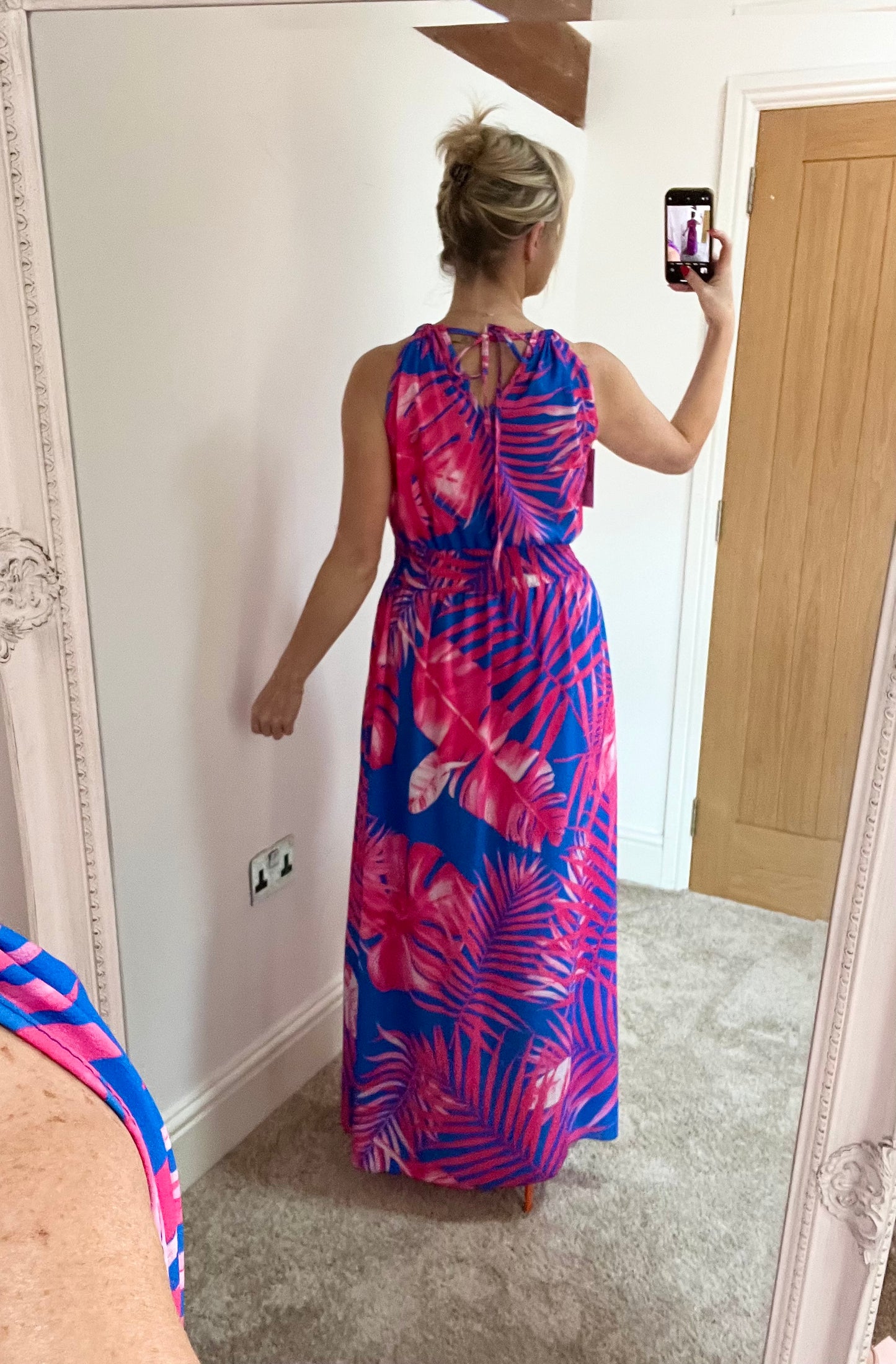 Fuschia Leaf Print Side Split Maxi Dress