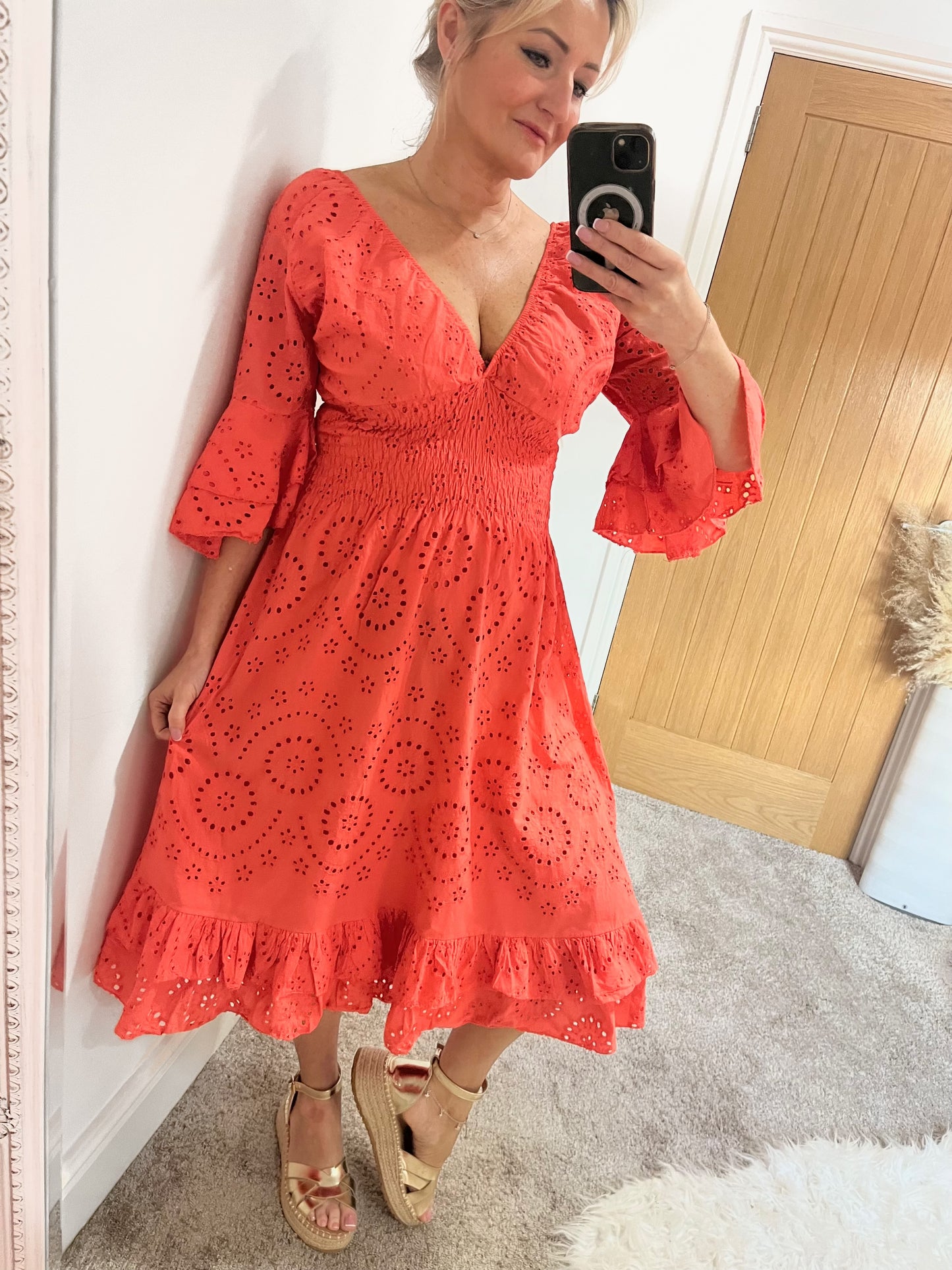 Broderie Anglaise Midi Dress - Coral