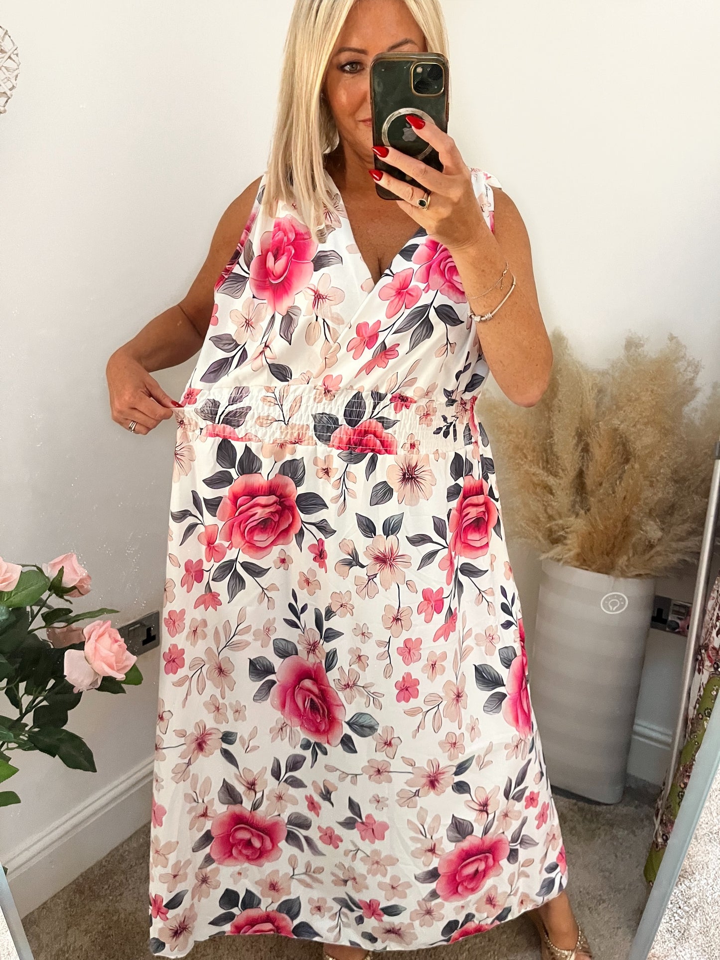 Plus Size Floral Maxi Shirred Waist - White