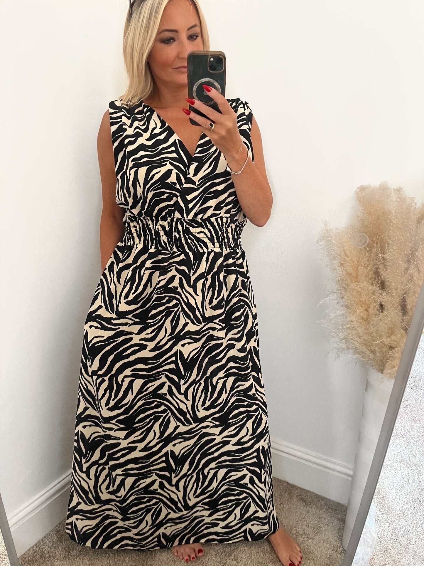 Plus Size Zebra Maxi Shirred Waist Dress Black/Cream