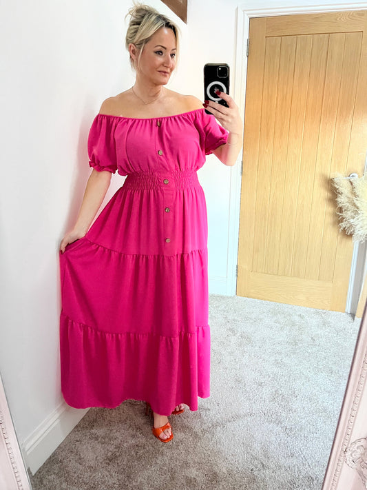 Hot Pink Shirred Waist Maxi Dress