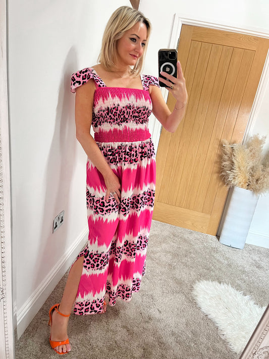 Shirred Waist Maxi Dress - Hot Pink Leopard