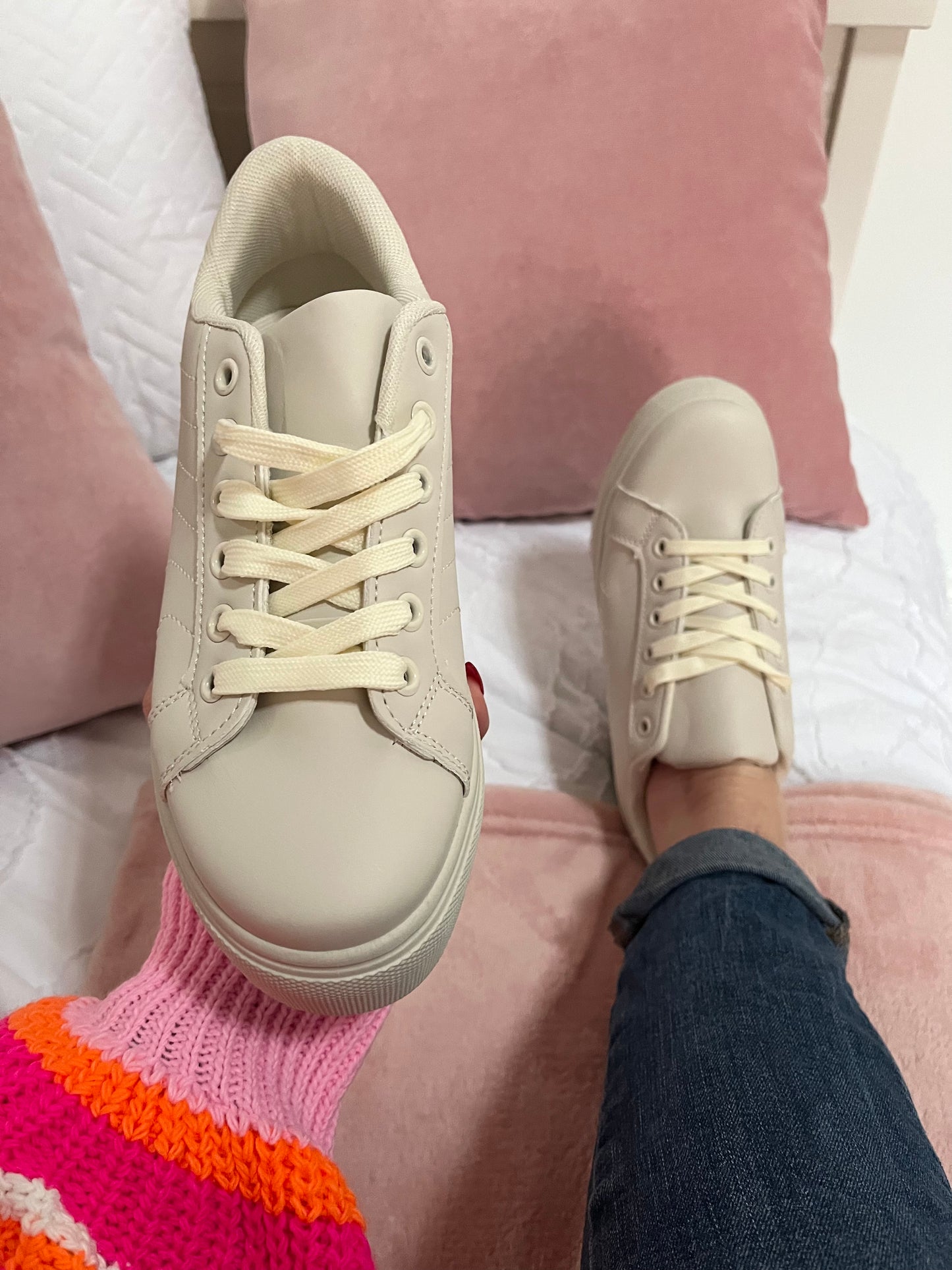 CREAM LACE UP TRAINERS