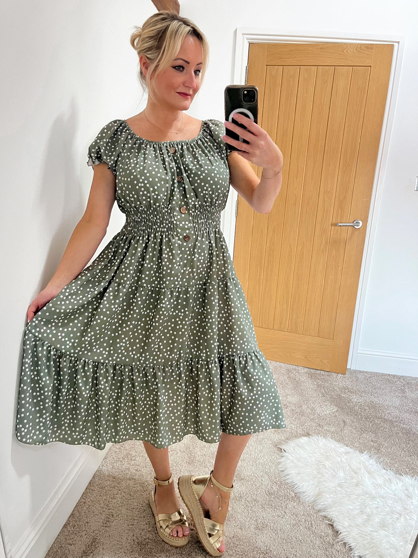 Shirred Waist Magic Dress - Polka Dot Sage Green