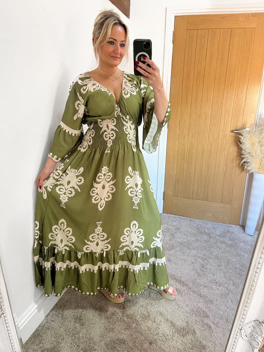 Sage Green Shirred Waist Maxi Dress