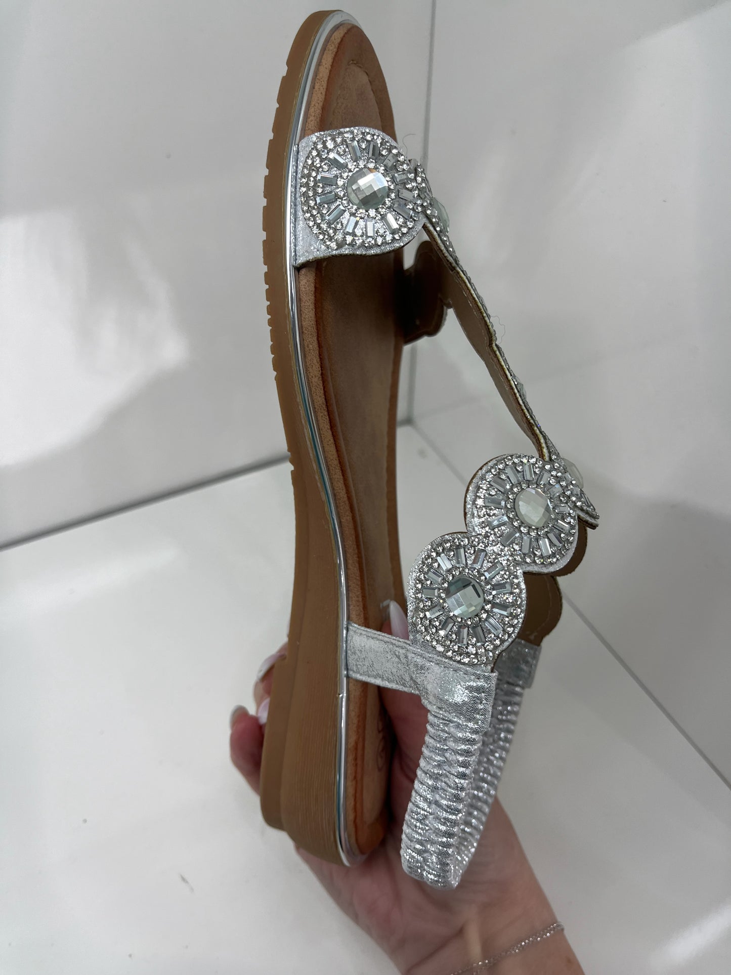 Glamour sparkling silver low wedge silver sandals