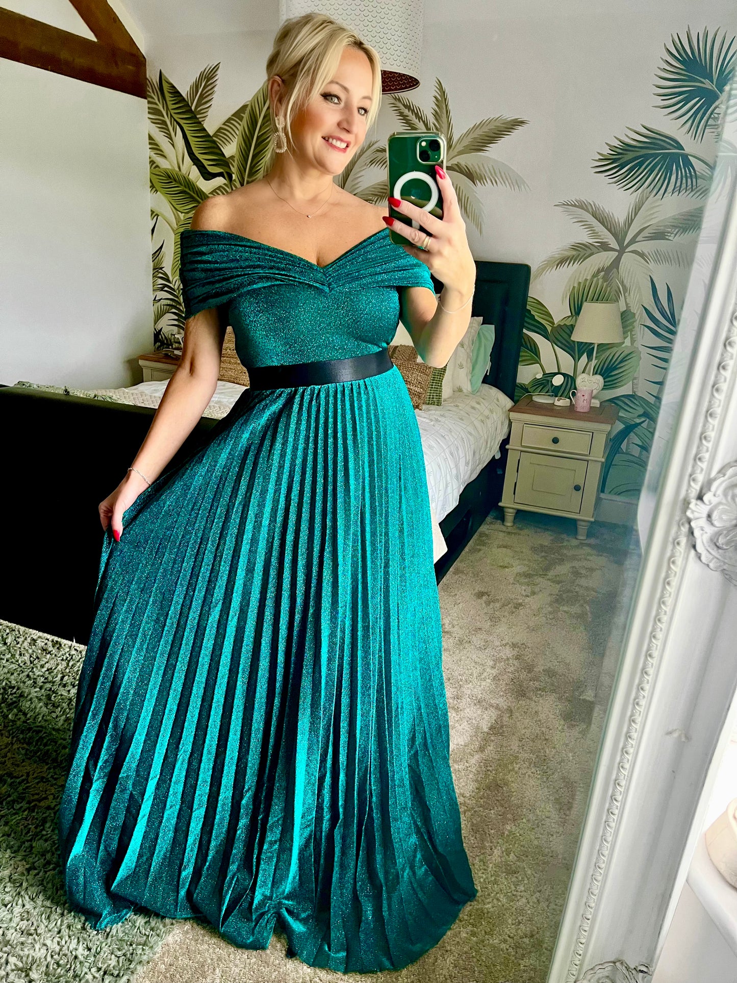 SUNRISE PLEATED BARDOT LUREX MAXI DRESS - EMERALD