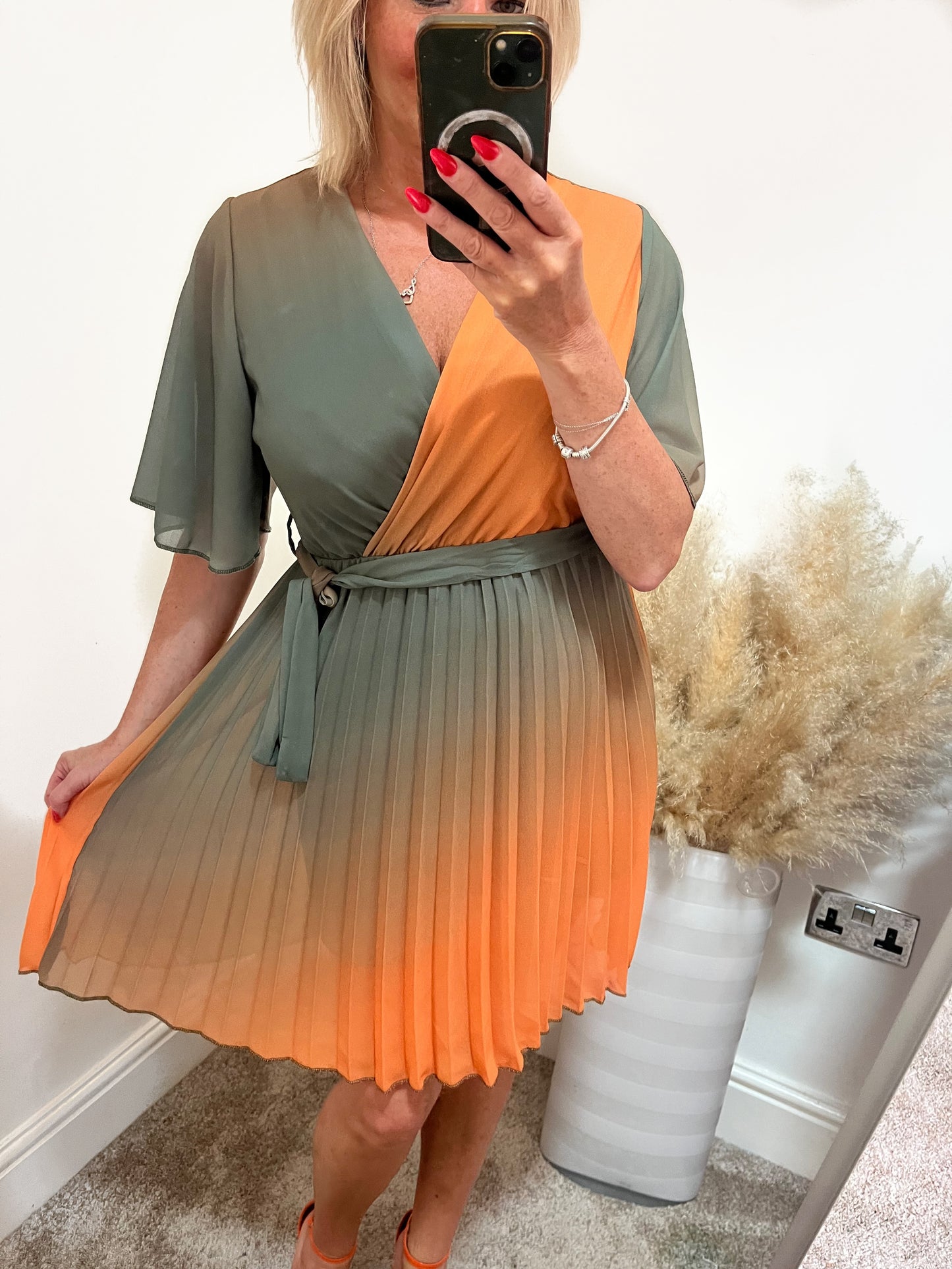 Sunset Ombré Pleated A Line Dress - Orange/Green