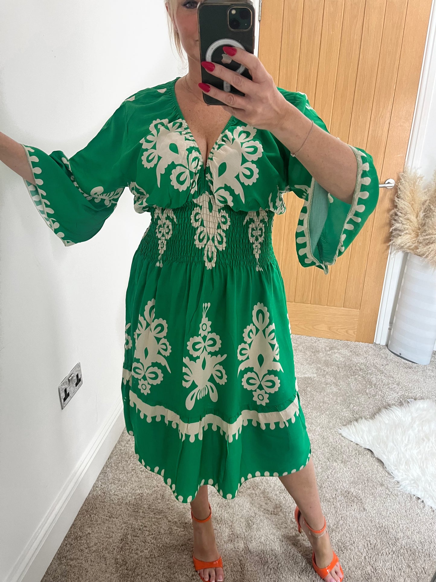 Emerald Green Tile Print Shirred Waist Dress