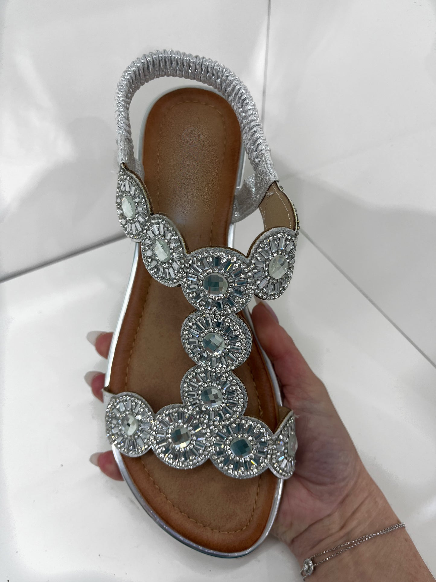 Glamour sparkling silver low wedge silver sandals