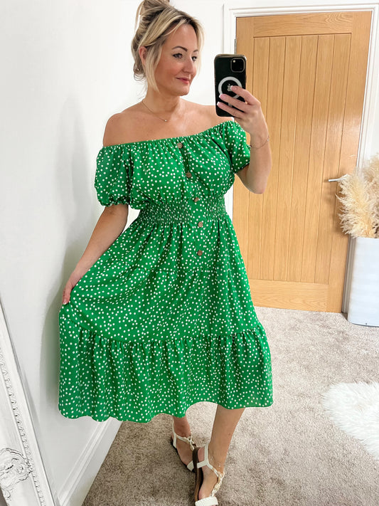 Magic Shirred Waist Dress - Polka Dot Emerald Green