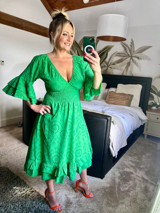 Broderie Anglaise Dress - Emerald Green