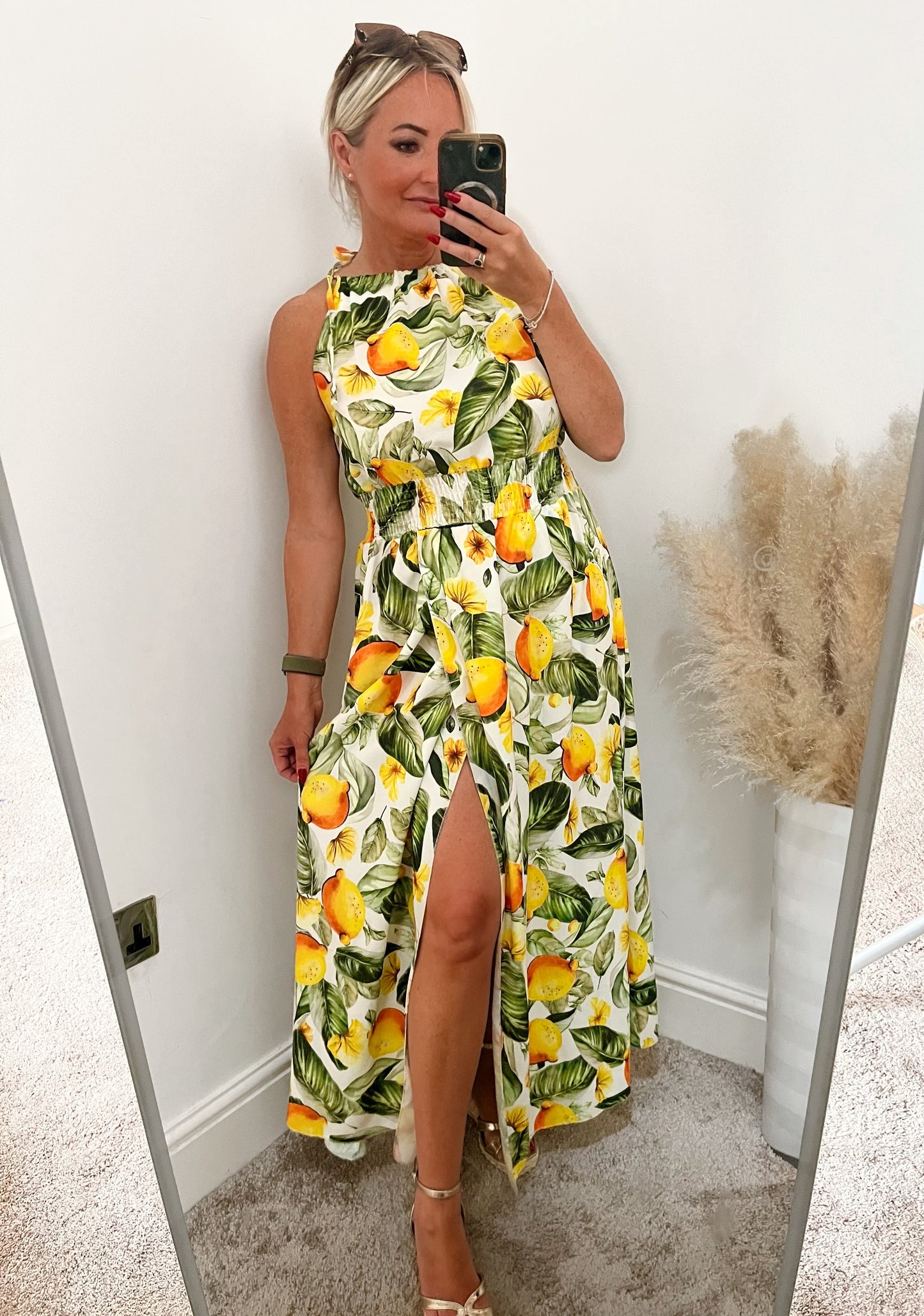Lemon Print Side Split Maxi Dress
