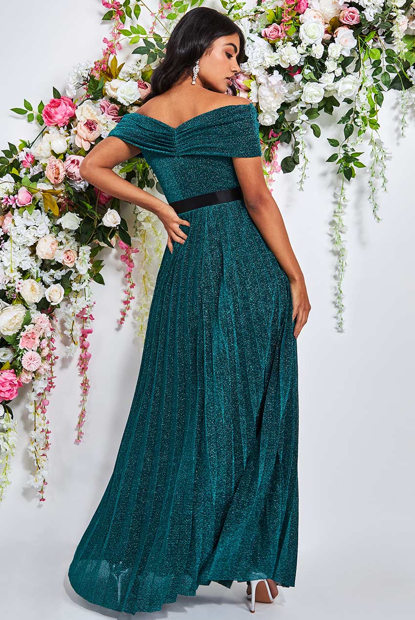 SUNRISE PLEATED BARDOT LUREX MAXI DRESS - EMERALD