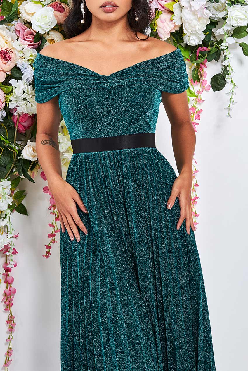 SUNRISE PLEATED BARDOT LUREX MAXI DRESS - EMERALD