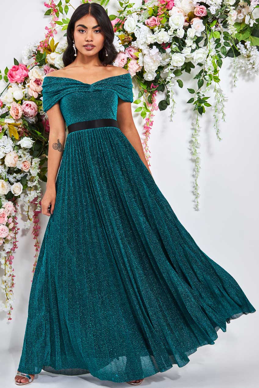 SUNRISE PLEATED BARDOT LUREX MAXI DRESS - EMERALD