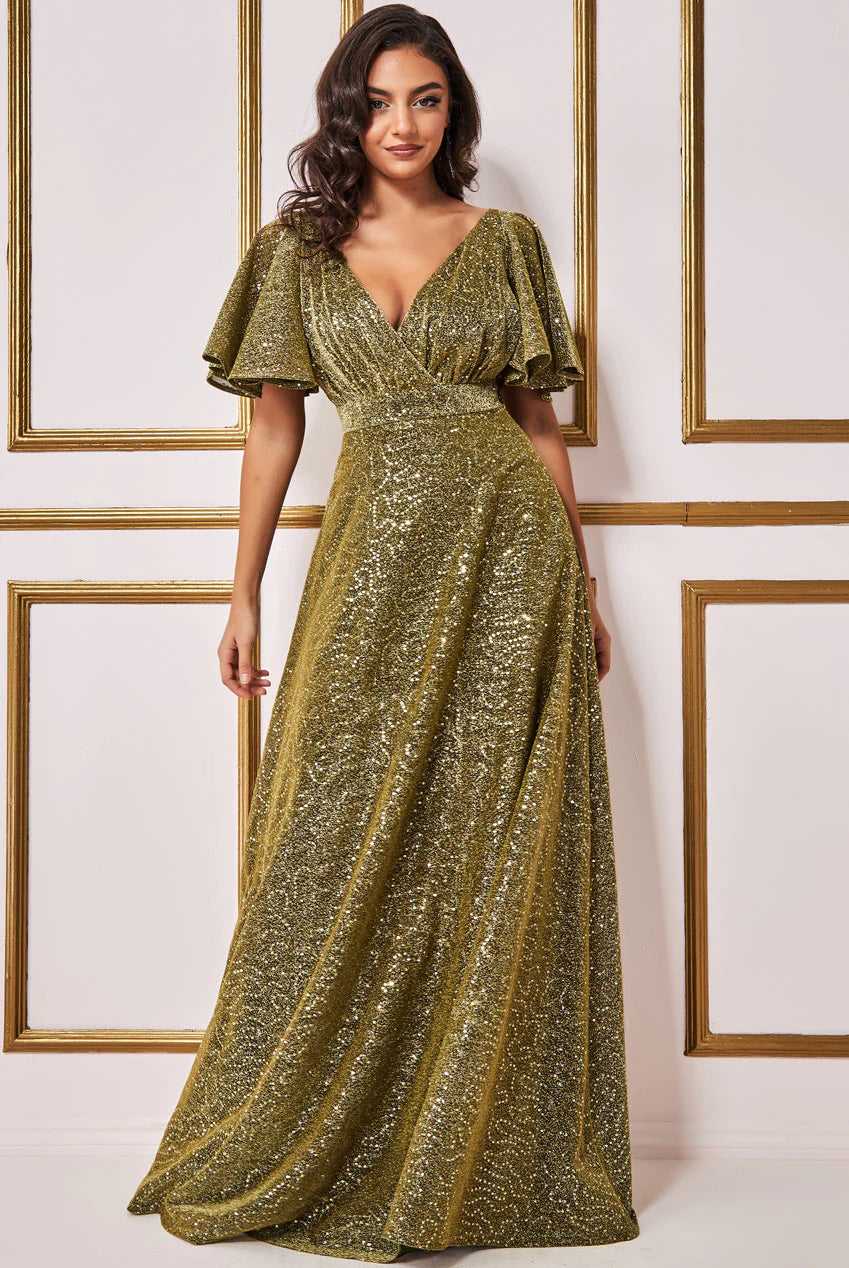 WRAP BODICE SLEEVELESS LUREX MAXI DRESS WITH SPLIT - GOLD