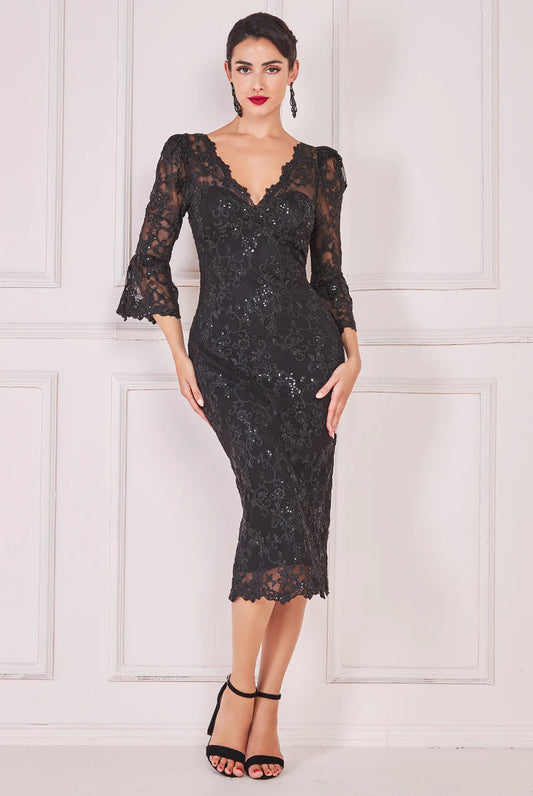 SCALLOP AND SEQUIN EMBROIDERED CHORDED LACE MIDI DRESS
