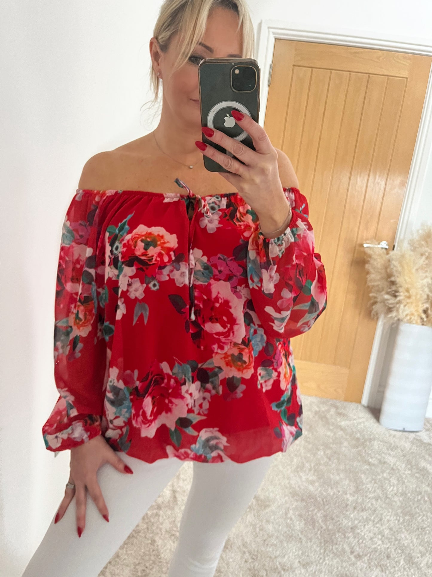 On/off the Shoulder Bardot Chiffon Blouse - Red